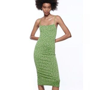 Zara Green Pink Jacquard Spaghetti Straps Fitted Midi Dress (NWT)